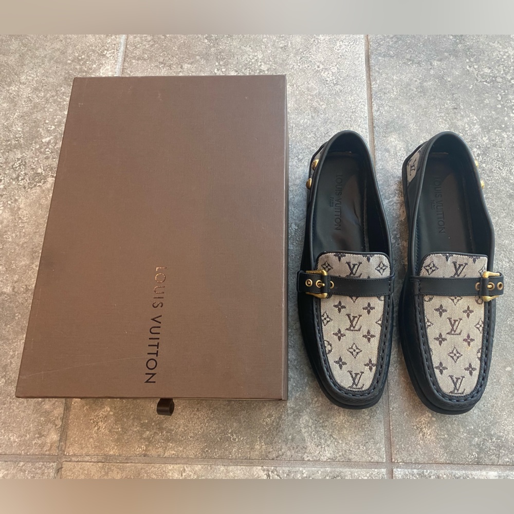 Louis Vuitton minimonogram fabric navy gold hardware vintage flats loafer 38.5 - Picture 4 of 12